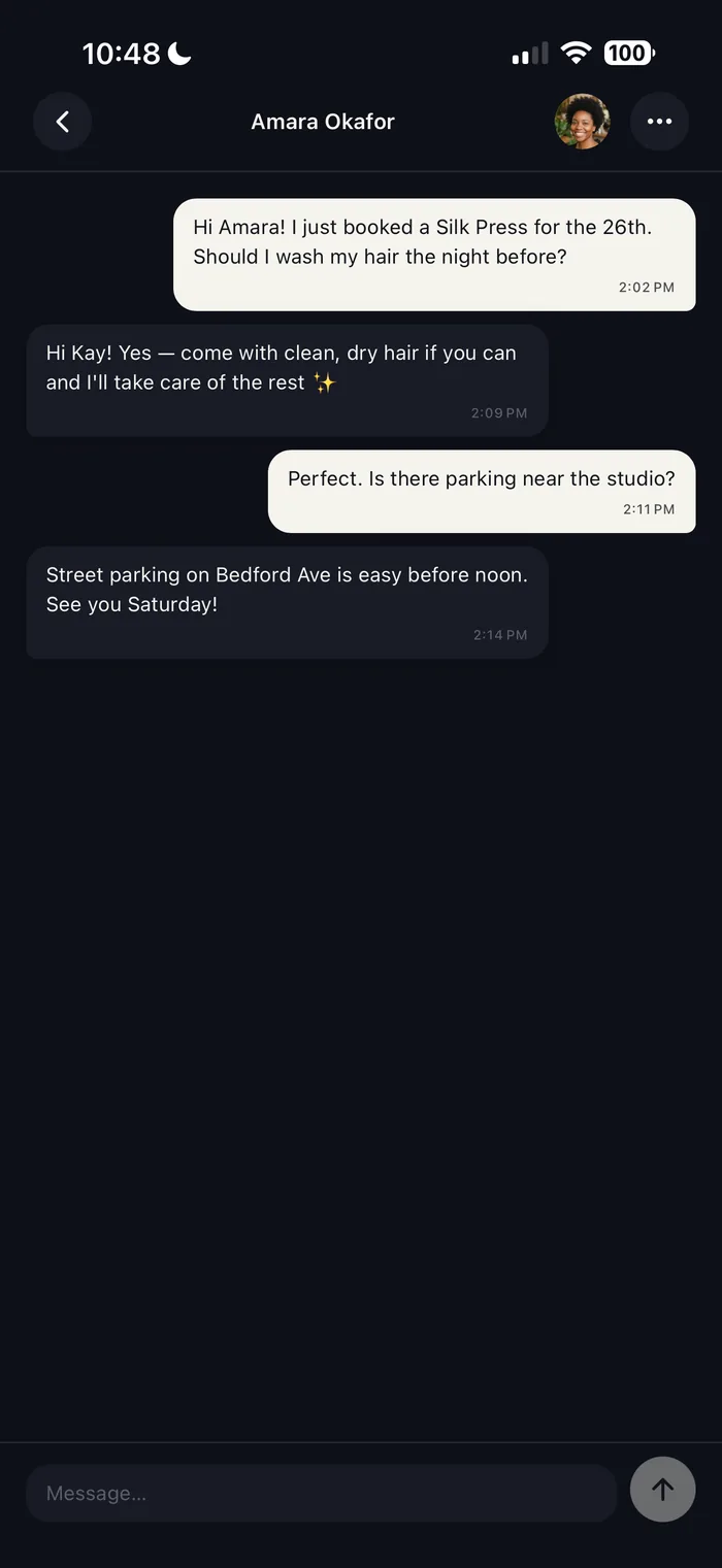 In-app chat between a client and her stylist about an upcoming appointment.