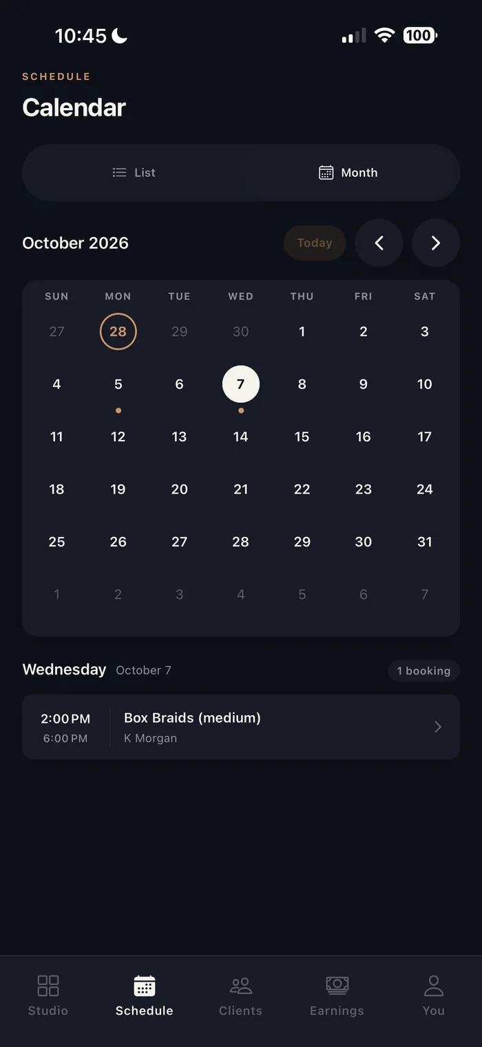 Pro schedule in month view, with the day’s bookings listed below the calendar.
