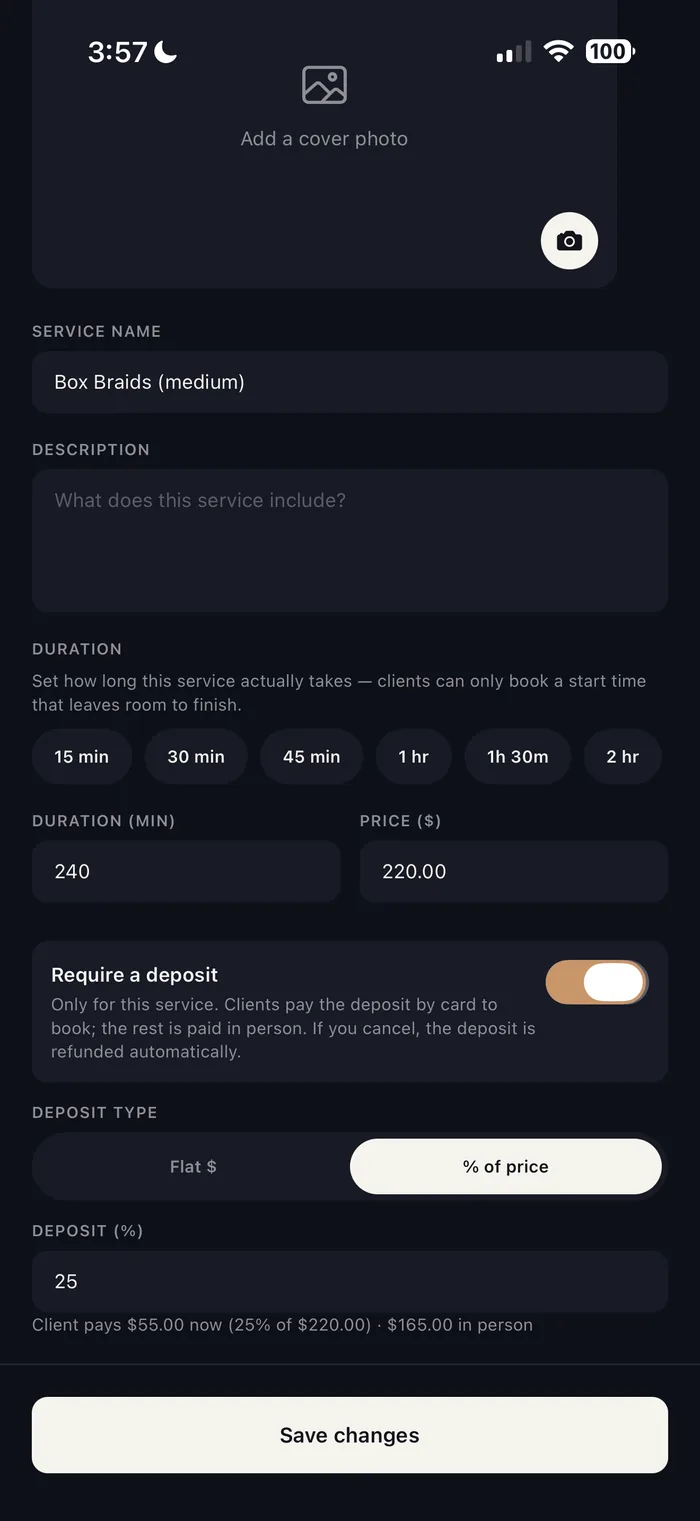 Service editor with duration, price and a Require a deposit switch set to a percentage of the price.