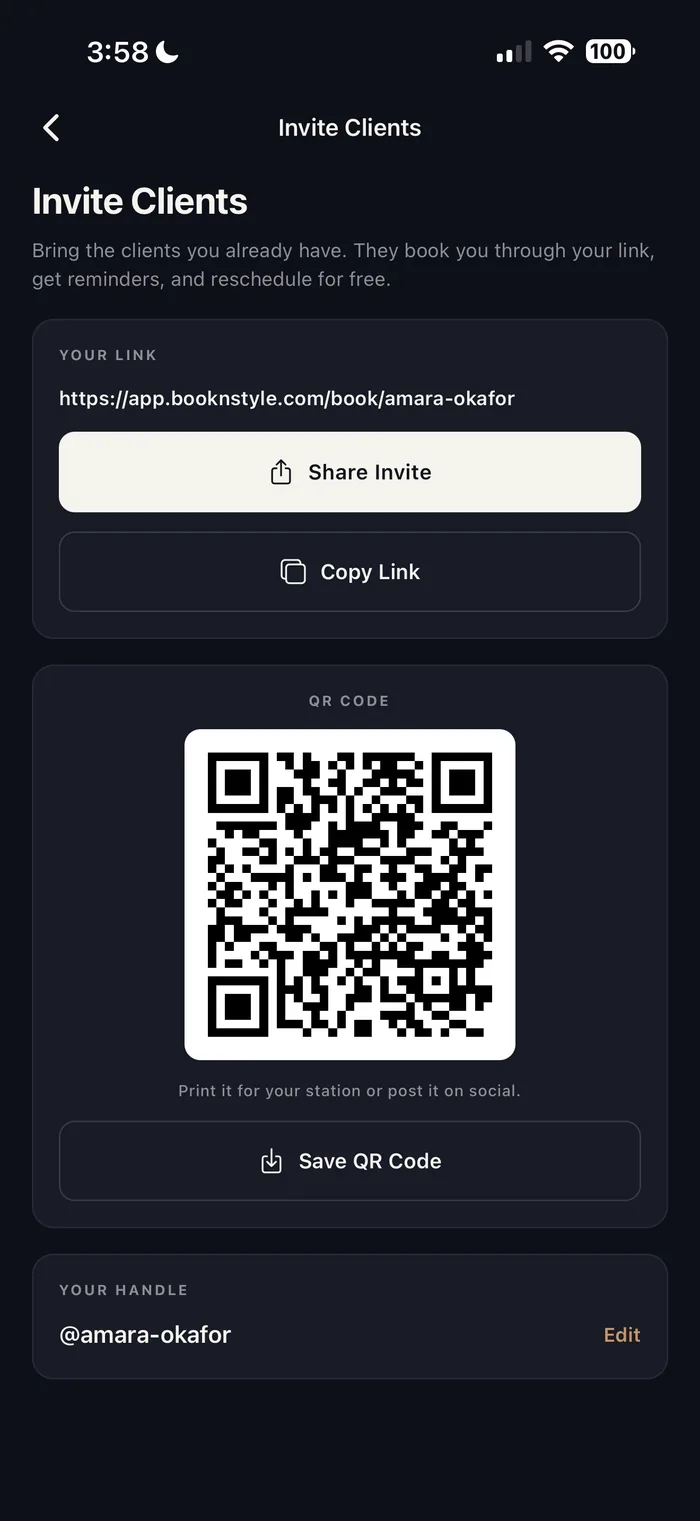 Invite Clients screen with a personal booking link, Share and Copy buttons, and a QR code.