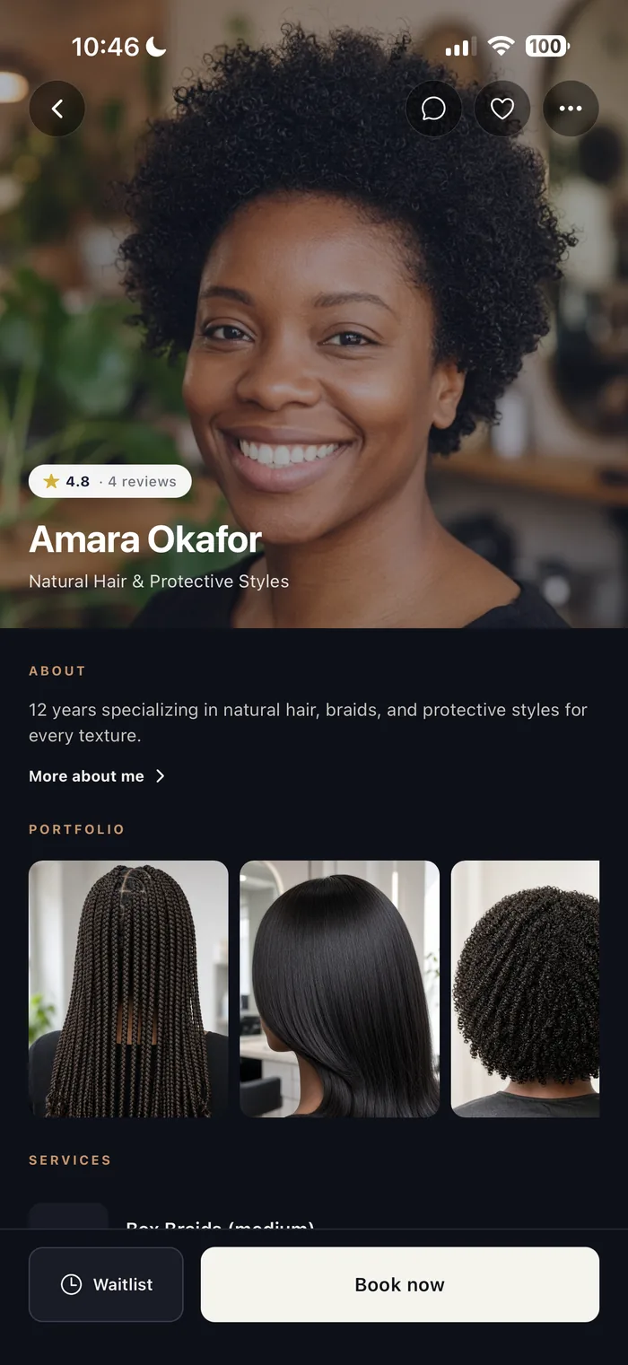 A pro's profile in BookNStyle with a rating, about section, portfolio photos and a Book now button.
