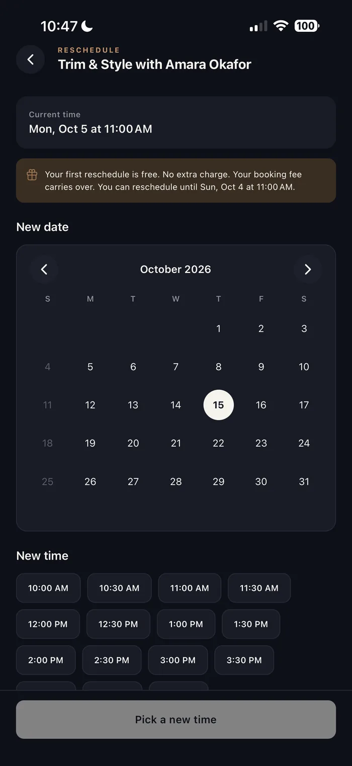 Reschedule screen: a note that the first reschedule is free, a month calendar and open times to pick from.